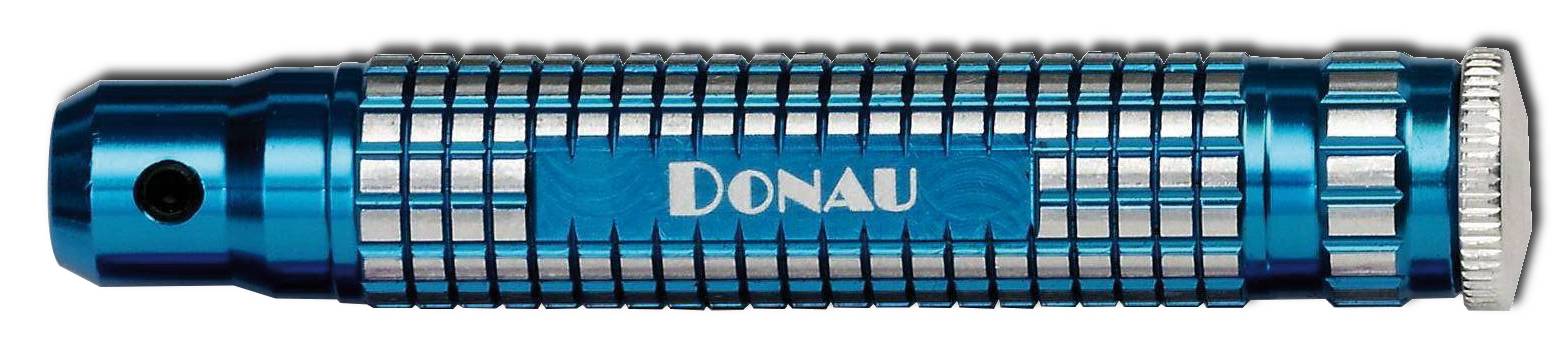 Cylindre bleu portant des rayures argentées et l'inscription « DONAU », probablement une poignée ou une partie d'un outil.