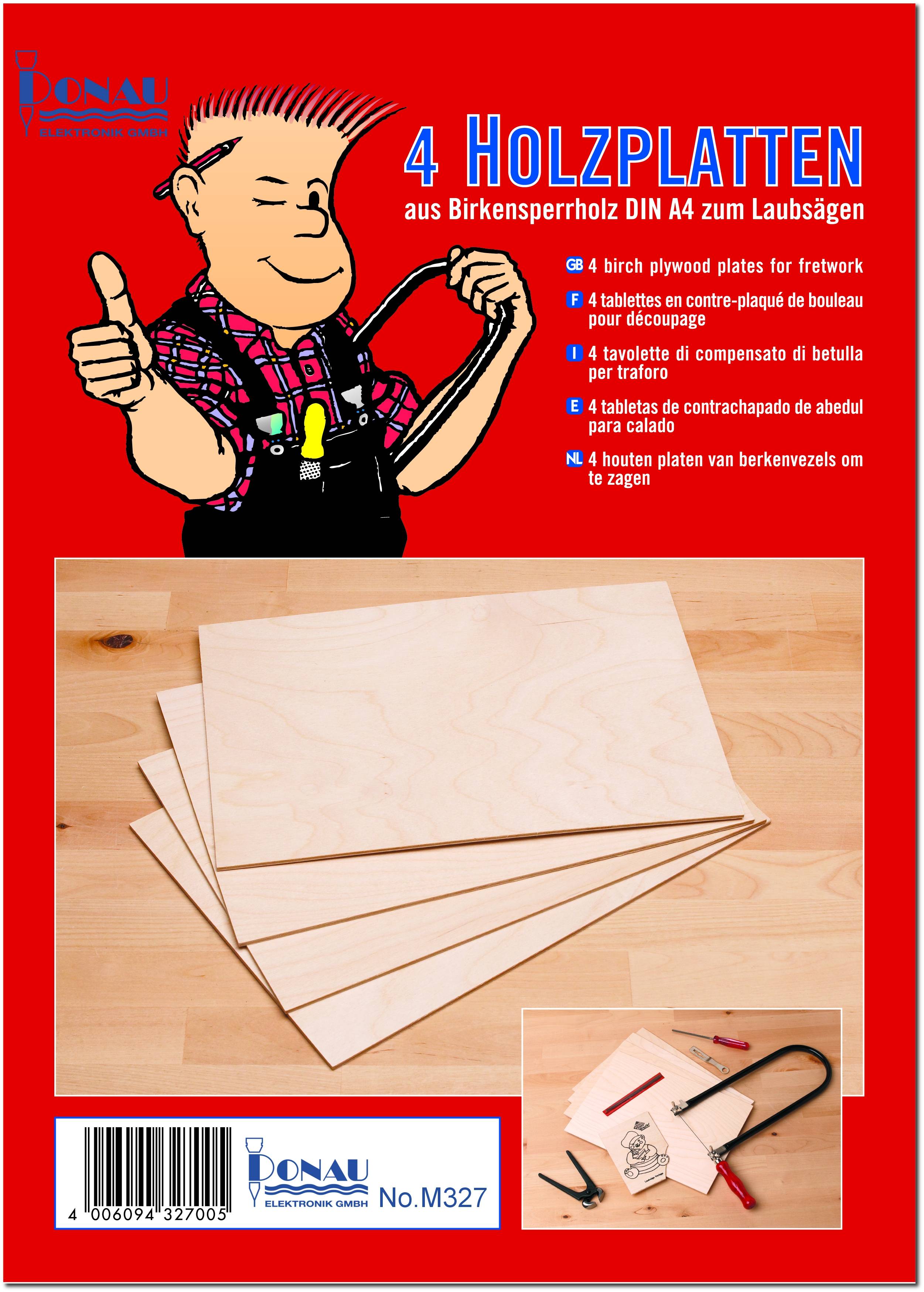'4 planches de contreplaqué de bouleau DIN A4 pour le découpage à la scie à chantourner' montre quatre planches de contreplaqué et un homme tenant une scie à chantourner.