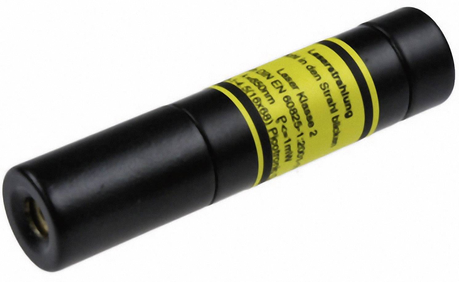 Un pointeur laser noir avec une étiquette d'avertissement jaune. L'étiquette contient des informations de sécurité et de classification.