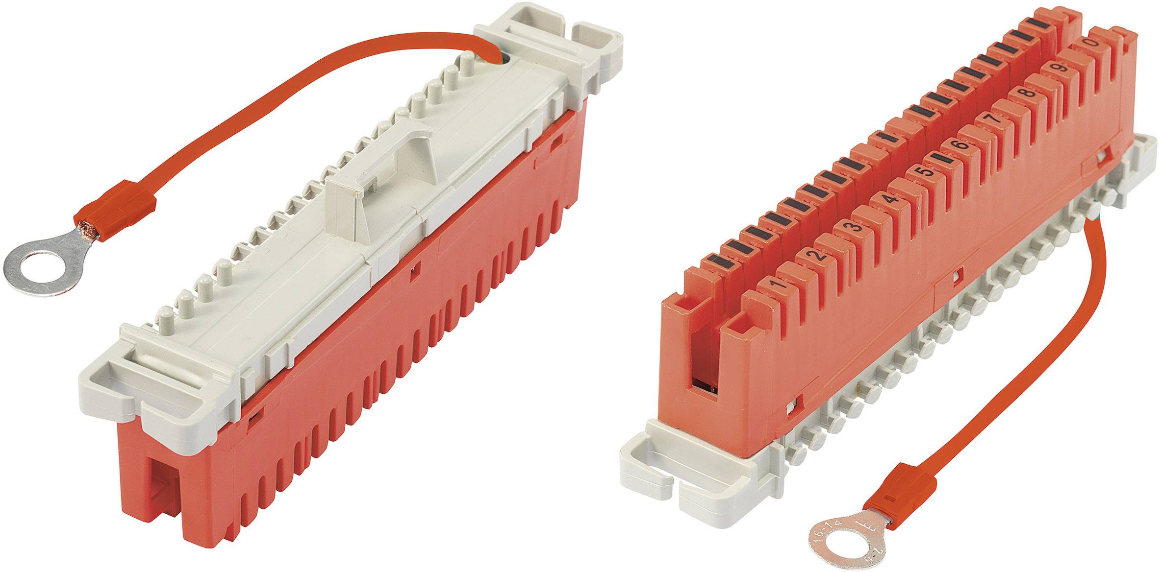 Deux modules électriques rouges avec des connecteurs argentés et des emplacements numérotés, reliés par des câbles rouges.