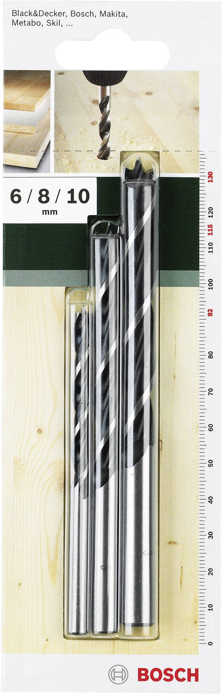 Ensemble de trois forets à bois de Bosch dans les diamètres 6, 8 et 10 mm, présenté sur un fond en bois. Adaptés à différents types de perceuses.