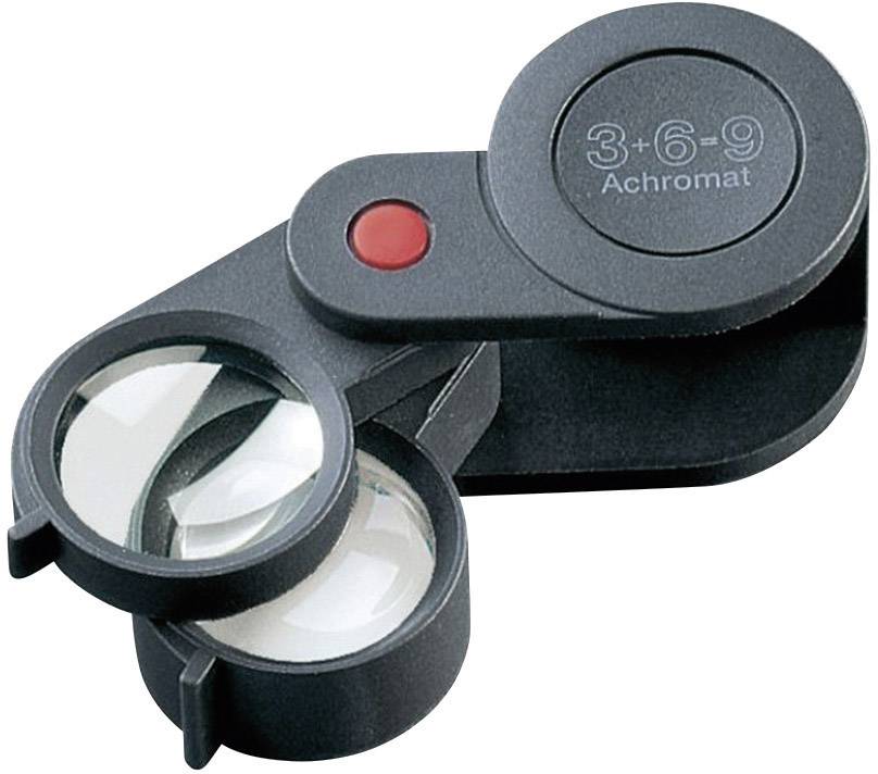 Loupe triple en plastique noir avec des grossissements de 3x, 6x et 9x. Idéale pour l'observation de détails précis.