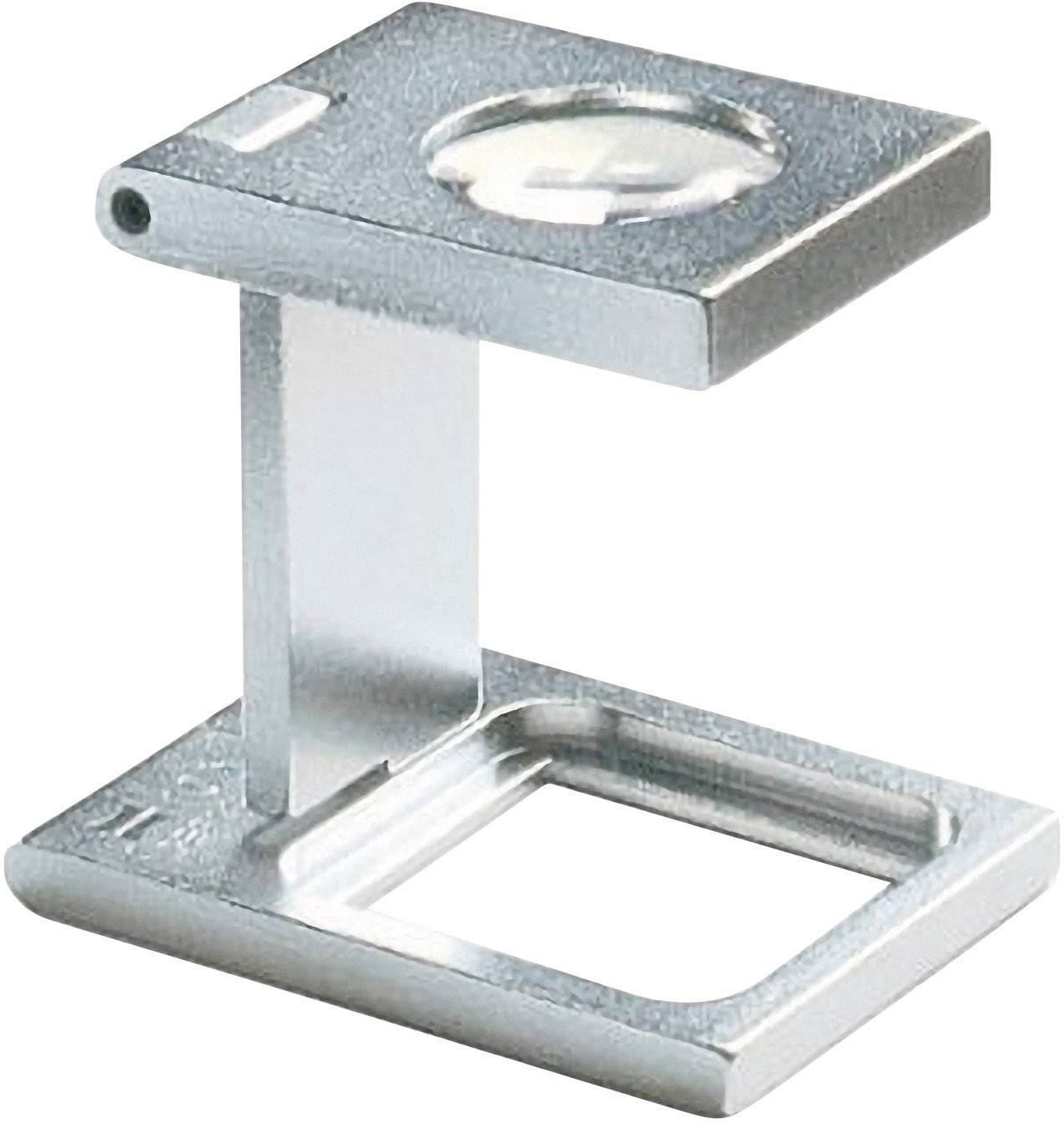 Un support de loupe en métal argenté avec une base carrée et une lentille circulaire au sommet, utilisé pour agrandir de petits détails.