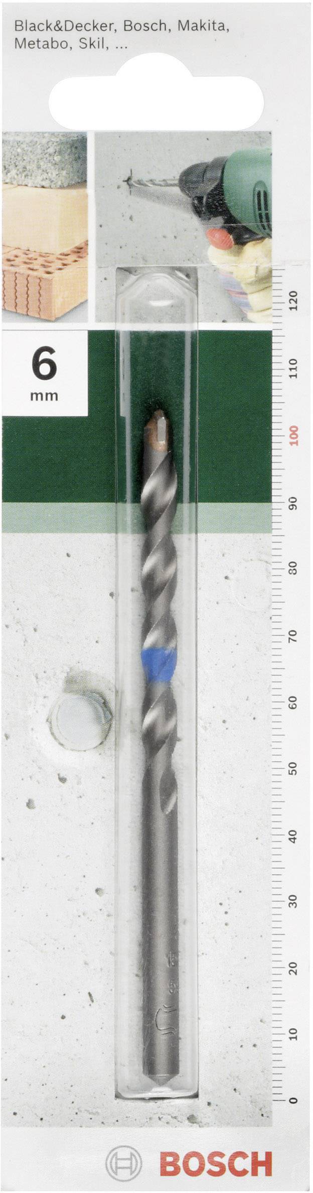'Foret Bosch, diamètre de 6 mm, compatible avec Black&Decker, Bosch, Makita, Metabo, Skil. L'illustration montre le foret et ses applications.'