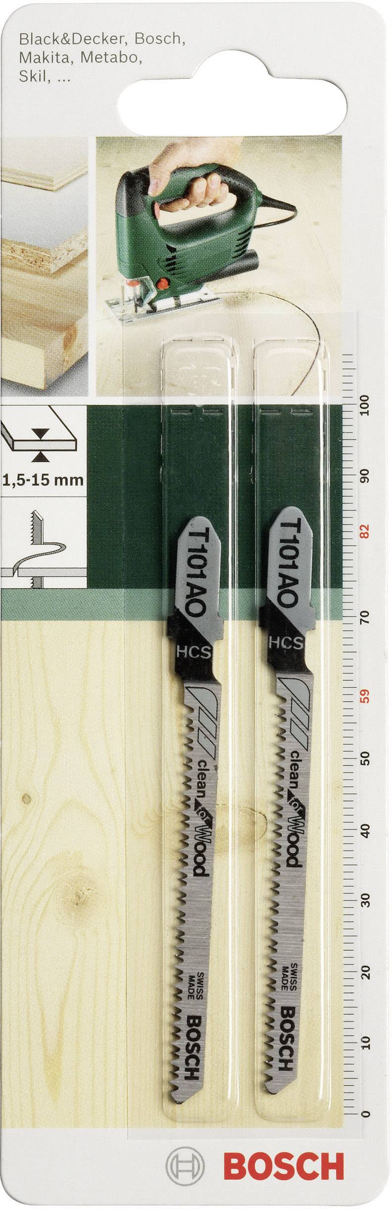 Lames de scie Bosch pour bois, deux lames de scie emballées, adaptées aux scies sauteuses ; les marquages indiquent la compatibilité avec différentes marques.