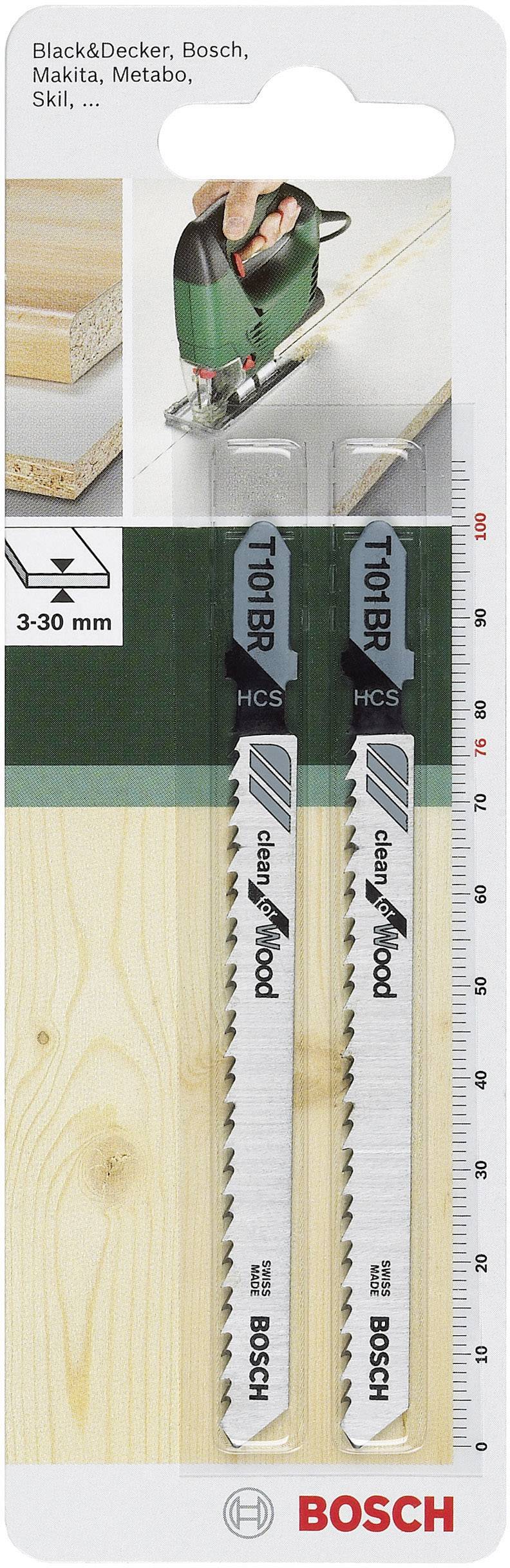 'Lames de scie sauteuse Bosch pour bois, lot de deux lames, adaptées pour des matériaux de 3 à 30 mm d'épaisseur, compatibles avec plusieurs marques.'