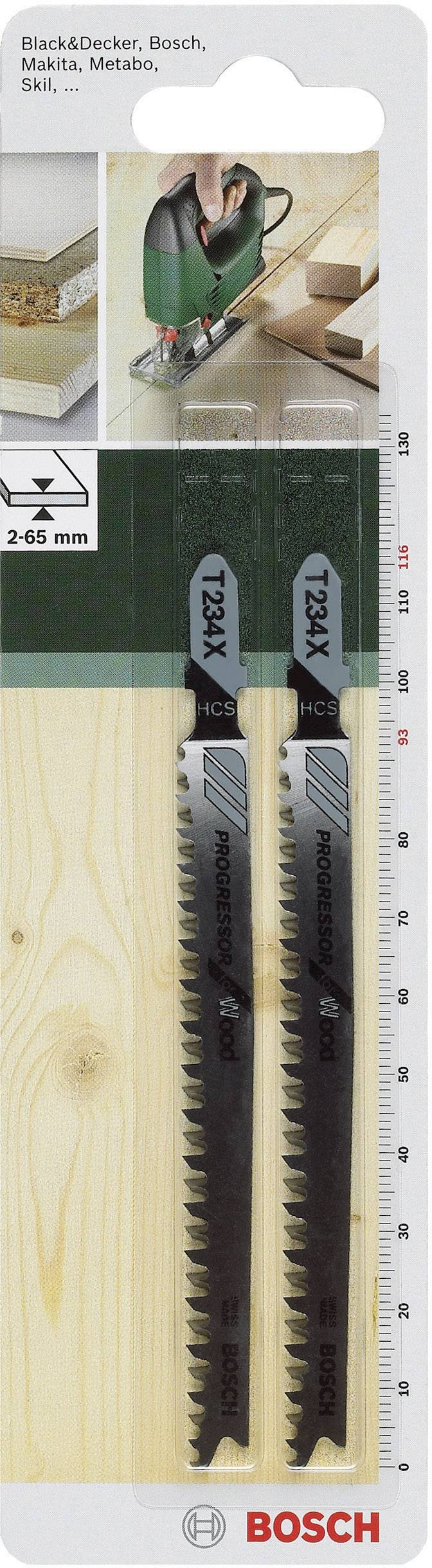 Emballage de deux lames de scie sauteuse Bosch pour le bois. Montre la compatibilité avec Black & Decker et d'autres marques.