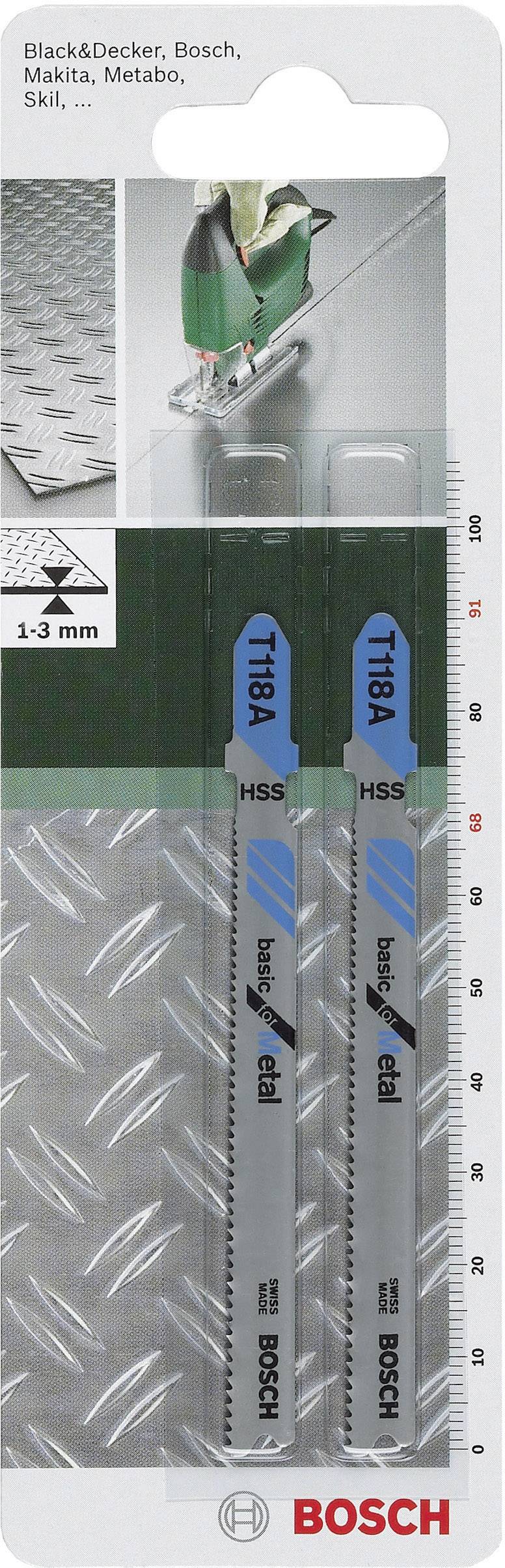 Lames de scie sauteuse Bosch T118A pour métal, convenant à des épaisseurs de 1-3 mm. Contient deux lames, en emballage cartonné avec illustration.