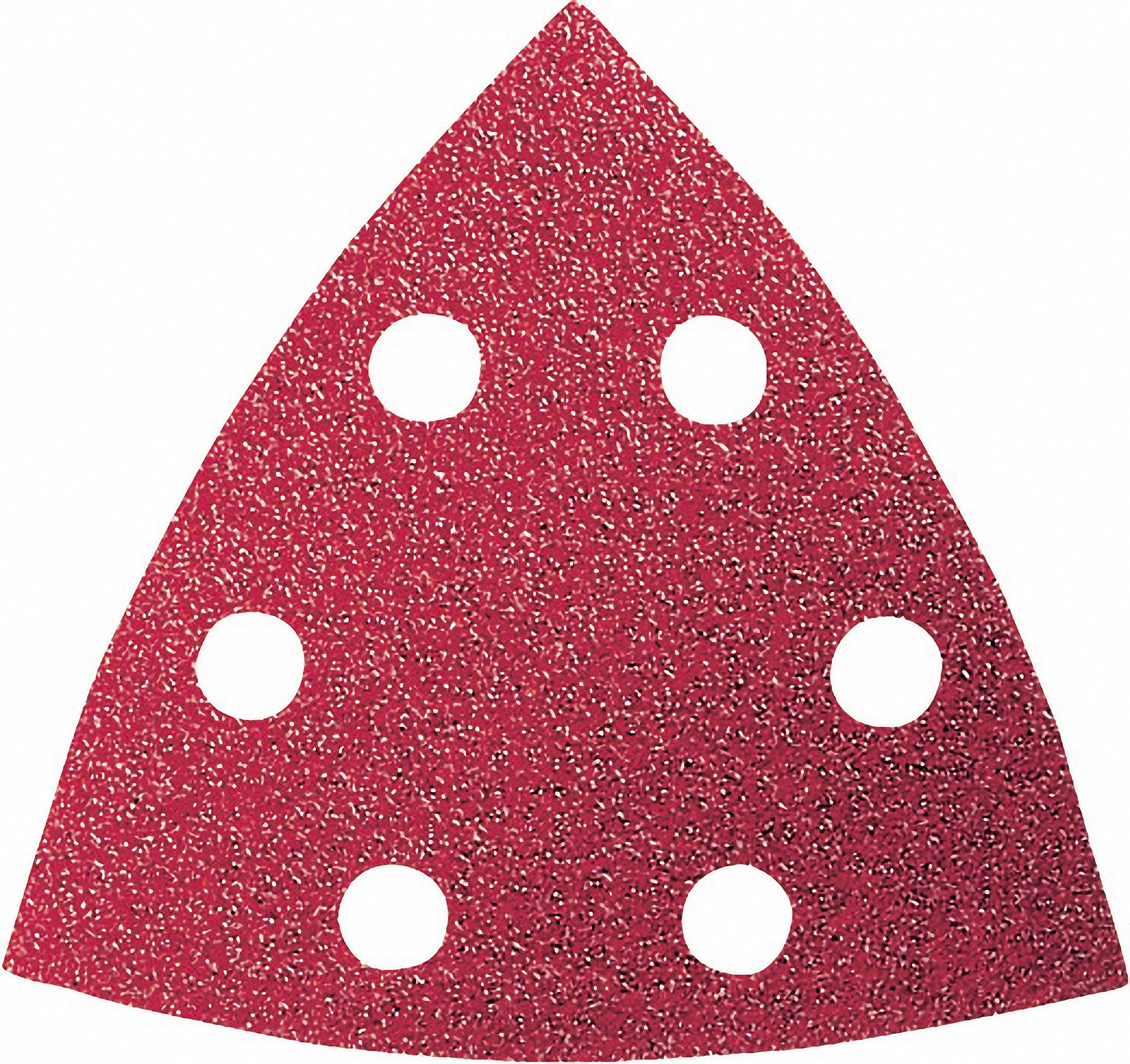 Papier de verre rouge, triangulaire, avec six trous ronds, utilisé pour les appareils de ponçage dans le travail du bois ou pour obtenir des surfaces lisses.