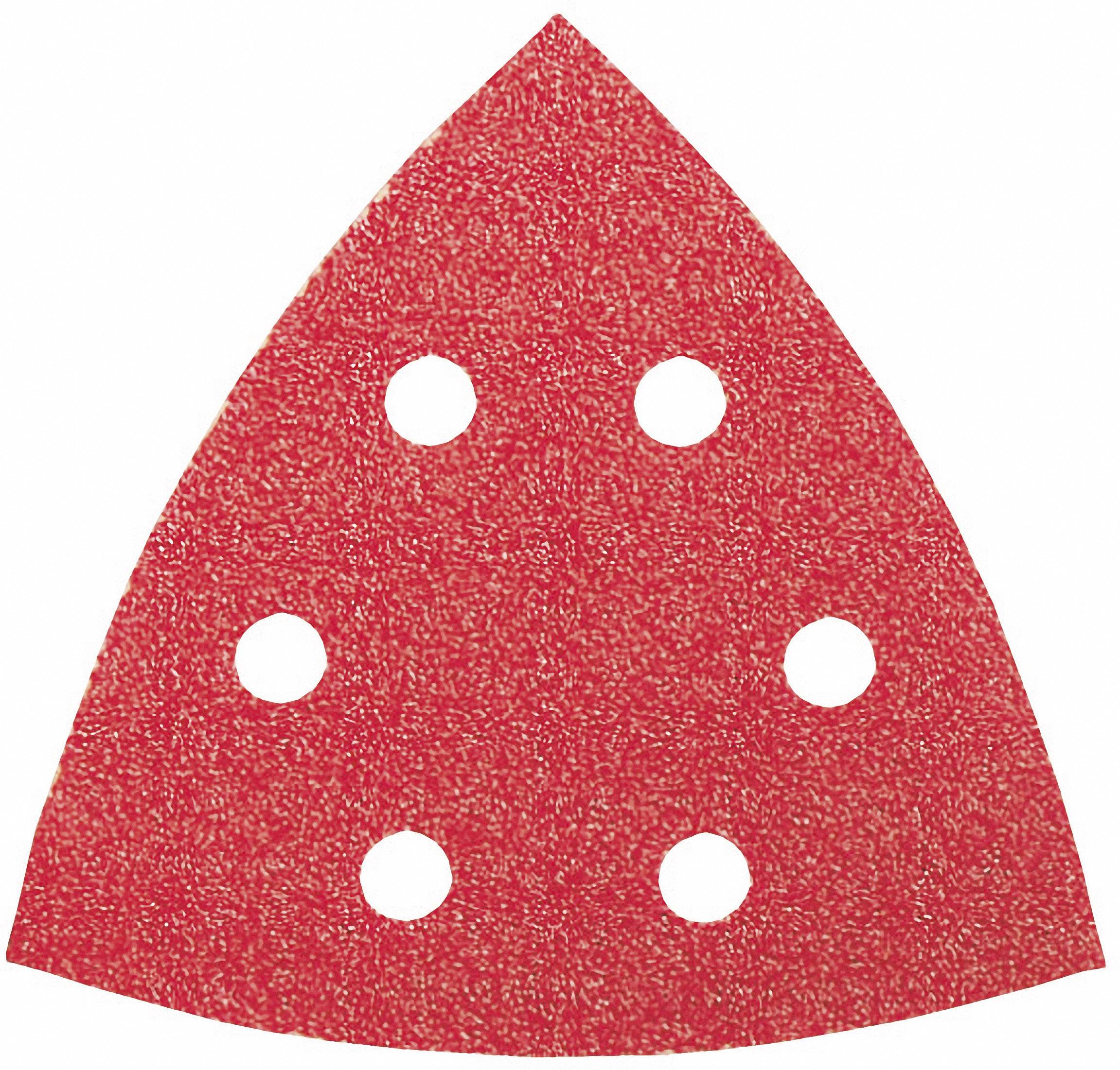 Papier de verre triangulaire rouge avec six trous, utilisé pour une ponceuse triangulaire.