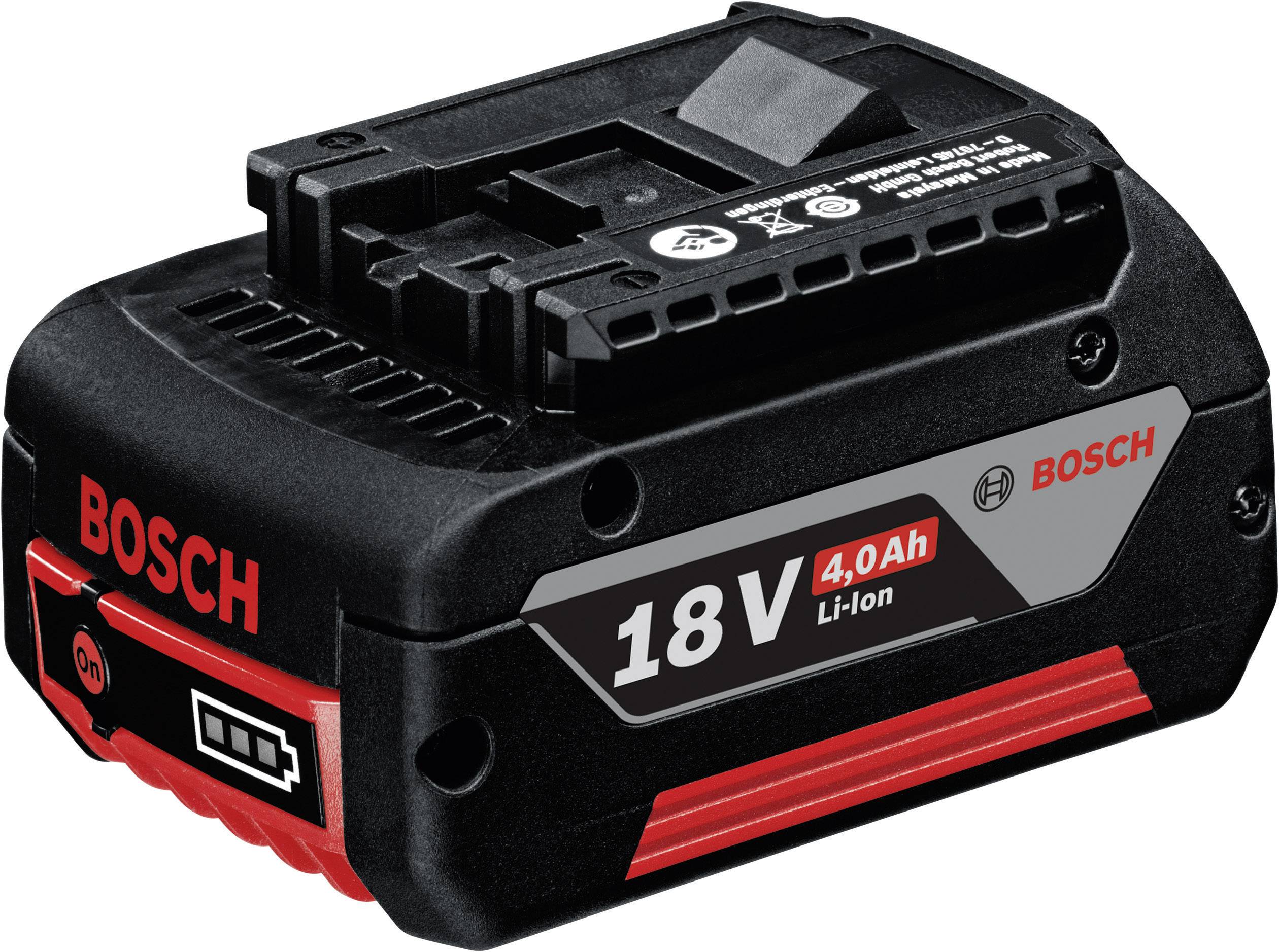 Batterie Bosch Noir 18V 4,0Ah Li-Ion avec logo rouge et argenté, adaptée aux outils, affichant l'indicateur de charge et les spécifications.