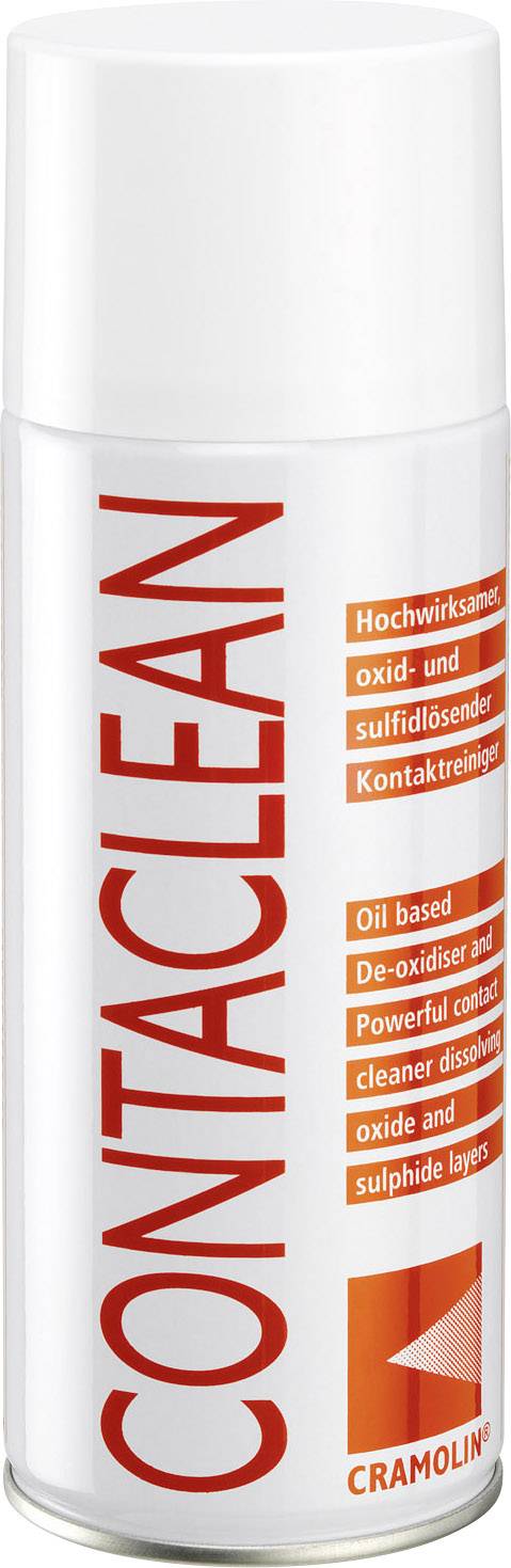Spray 'CONTACTLEAN' de Cramolin avec texte : « Nettoyant de contacts hautement efficace dissolvant les oxydes et les sulfures », déoxydant à base d'huile.