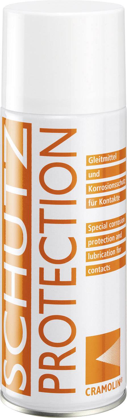 Bombe aérosol portant l'inscription 'SCHUTZ PROTECTION', offrant une protection contre la corrosion et une lubrification pour les contacts, marque Cramolin.