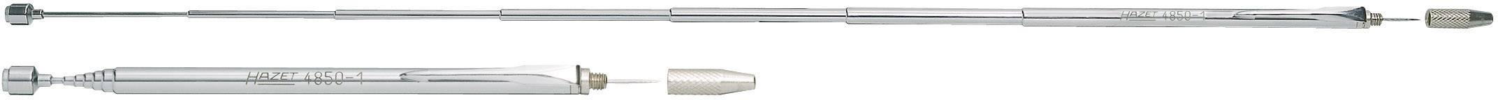 Un ressort pneumatique en argent doté d'une tige longue et fine, avec un piston. Filetée aux extrémités supérieure et inférieure.