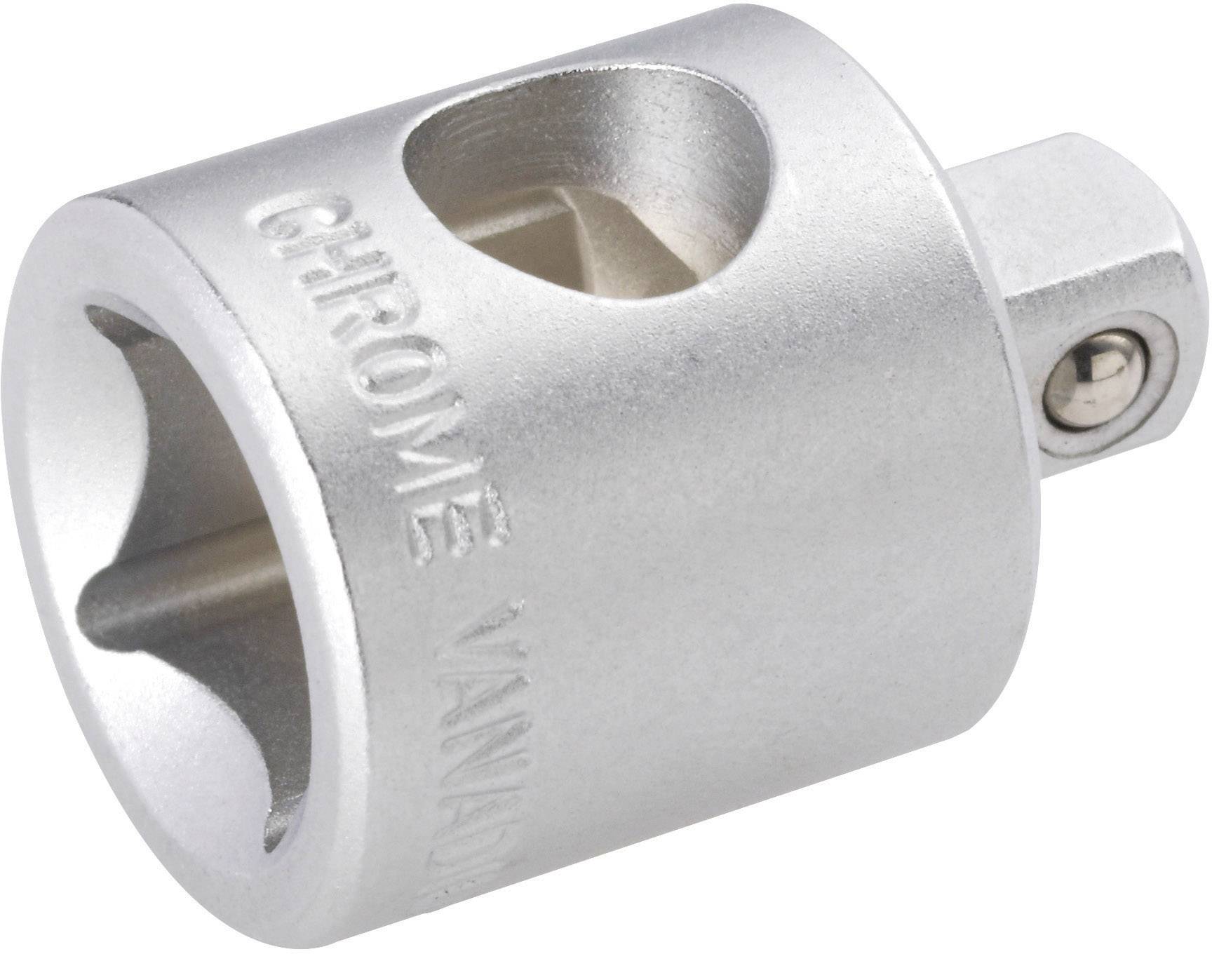 Adaptateur en chrome vanadium pour douilles, forme cylindrique, métal argenté, carré d'entraînement en haut, vis en bas.