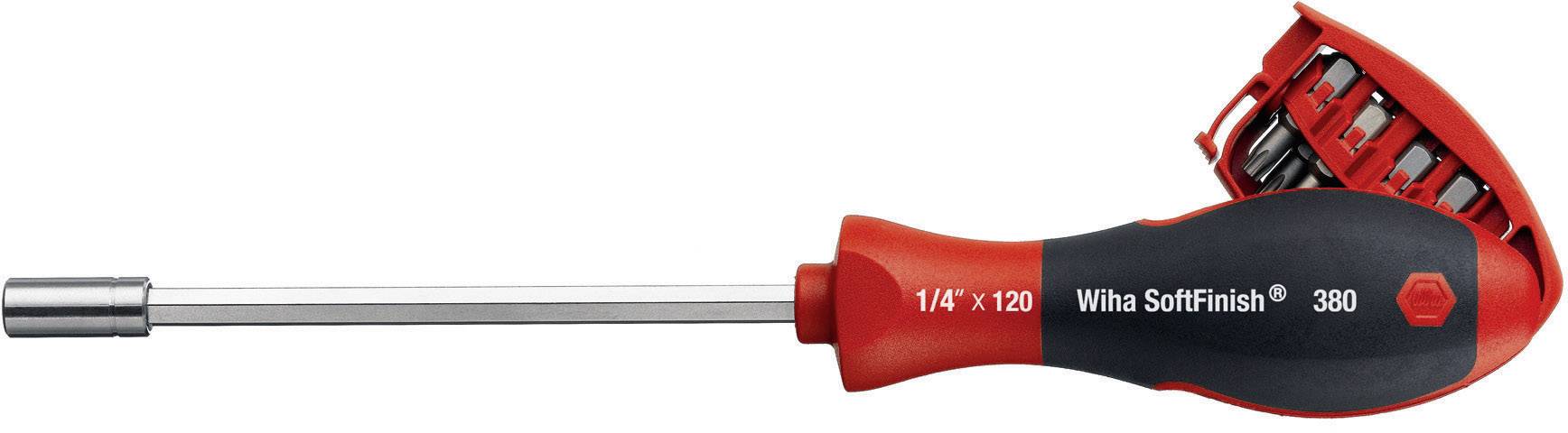 Un tournevis avec une poignée rouge et noire, de la marque 'Wiha SoftFinish', présente un adaptateur pour différents embouts.