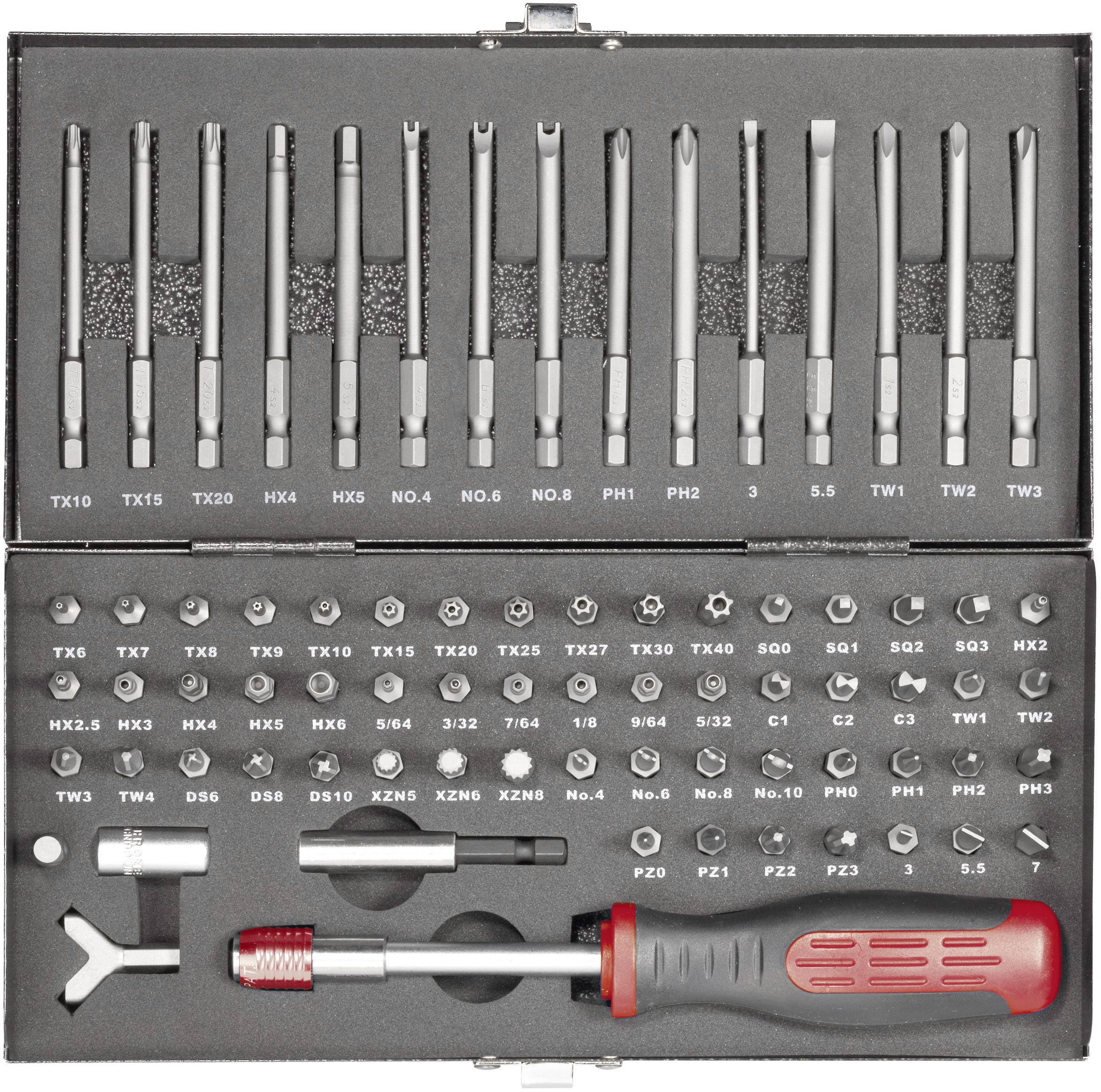 Une boîte à outils contenant différents embouts de tournevis et une poignée. Les embouts sont disposés dans un ordre précis.