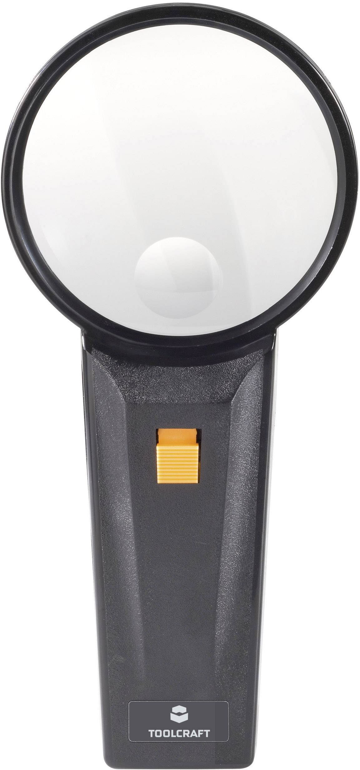 Une loupe de poche noire avec un curseur orange et une loupe, marquée du logo 'TOOLCRAFT'.