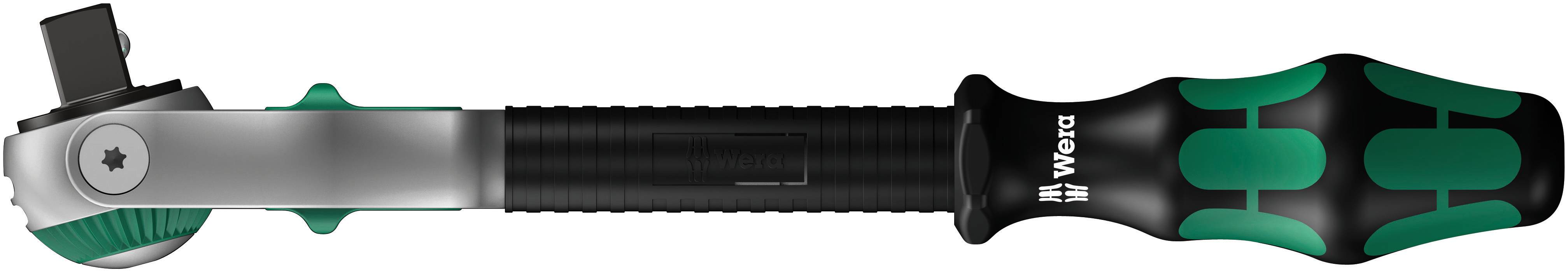 Clé à cliquet avec poignée ergonomique en noir et vert, fabriquée par Wera, posée sur le côté. Adaptée pour des travaux de précision.