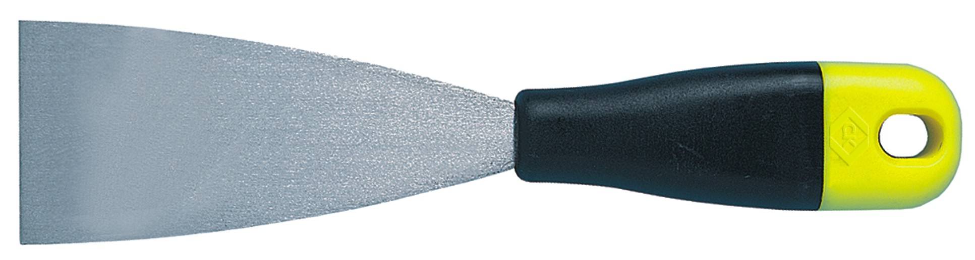 Une spatule avec une large lame métallique plate et une poignée en plastique noir et jaune.