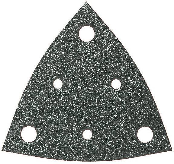 Papier abrasif triangulaire avec six trous, adapté à un appareil de ponçage.