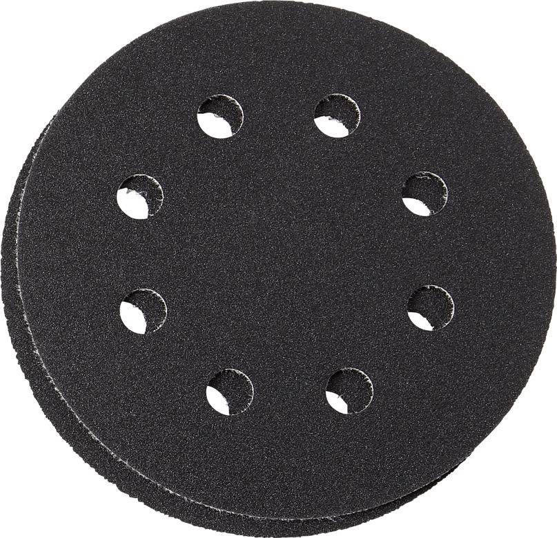 Papier de verre noir, rond, avec huit trous répartis uniformément, utilisé pour les machines de ponçage dans les domaines du travail du bois ou du métal.
