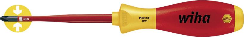 Un tournevis avec manche rouge et jaune, de la marque 'wiha'. Pointe isolée. Adapté aux travaux électriques.