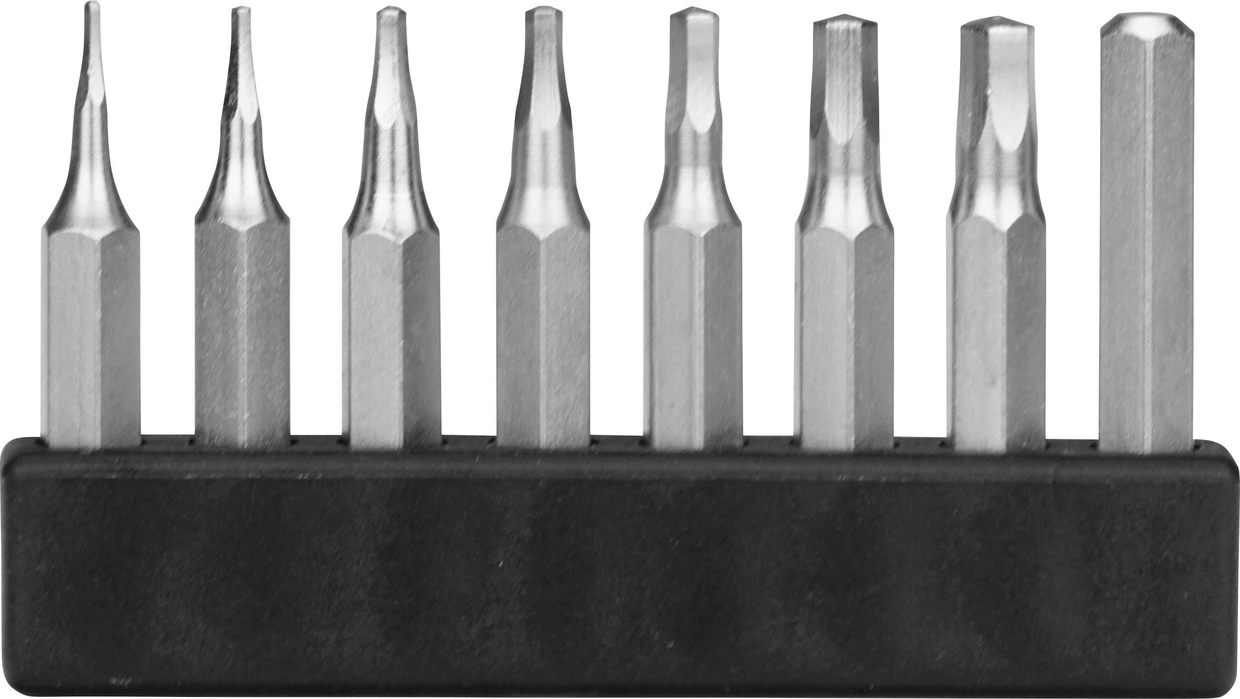 Ensemble de huit embouts de tournevis en argent de différentes formes et tailles, disposés dans un support noir.