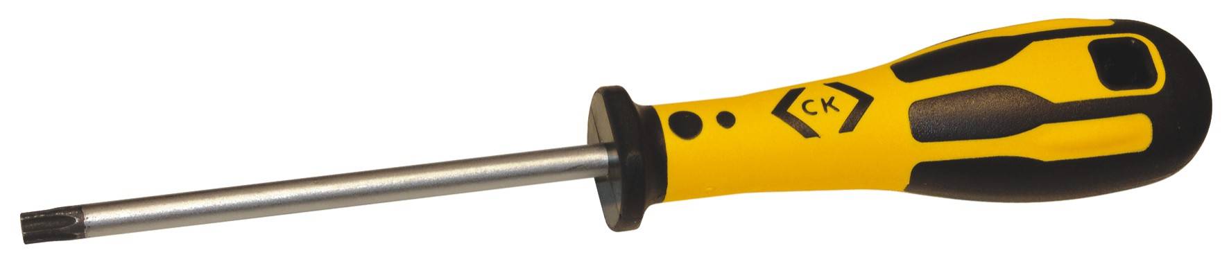 Tournevis à poignée jaune et motif noir, adapté aux vis Torx.