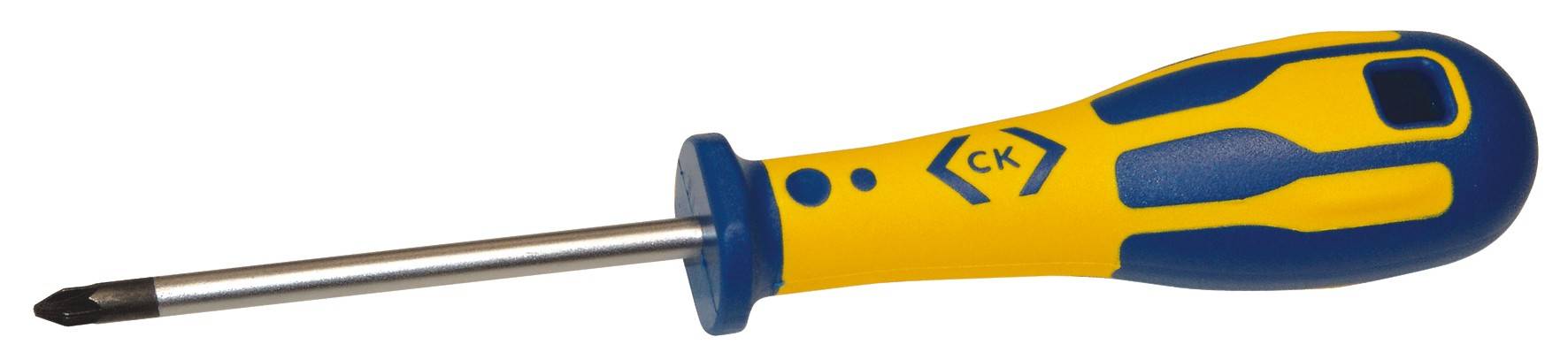 Un tournevis jaune et bleu avec une poignée ergonomique et une pointe cruciforme.