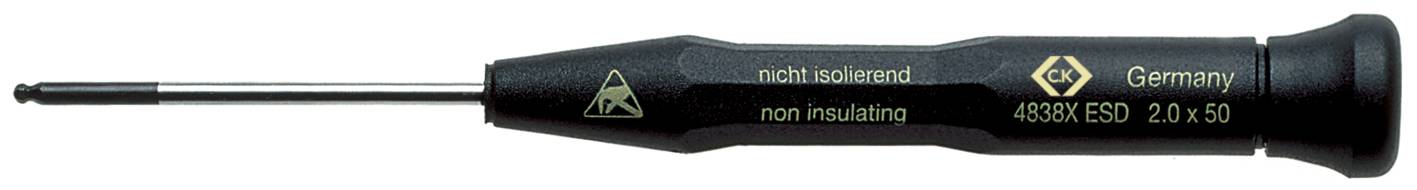 Petit tournevis avec manche noir portant les inscriptions 'non isolant', 'Germany' et 'non insulating'.