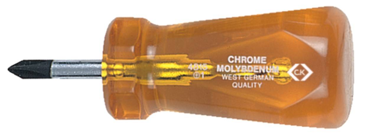 Tournevis à fente orange avec embout métallique. Sur la poignée, il est inscrit 'CHROME MOLYBDENUM, QUALITÉ OUEST-ALLEMANDE'.