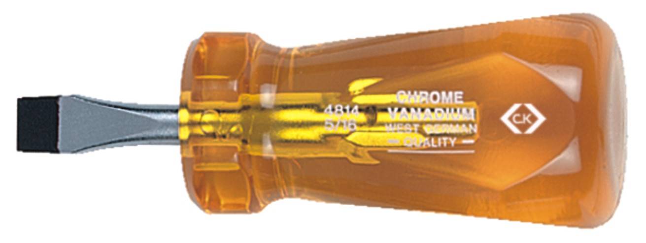 Tournevis plat avec manche orange portant l'inscription 'C.K.', 'CHROME VANADIUM'.