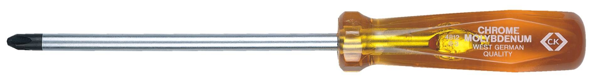 Tournevis cruciforme avec manche transparent orange et lame argentée, adapté aux travaux de mécanique de précision.