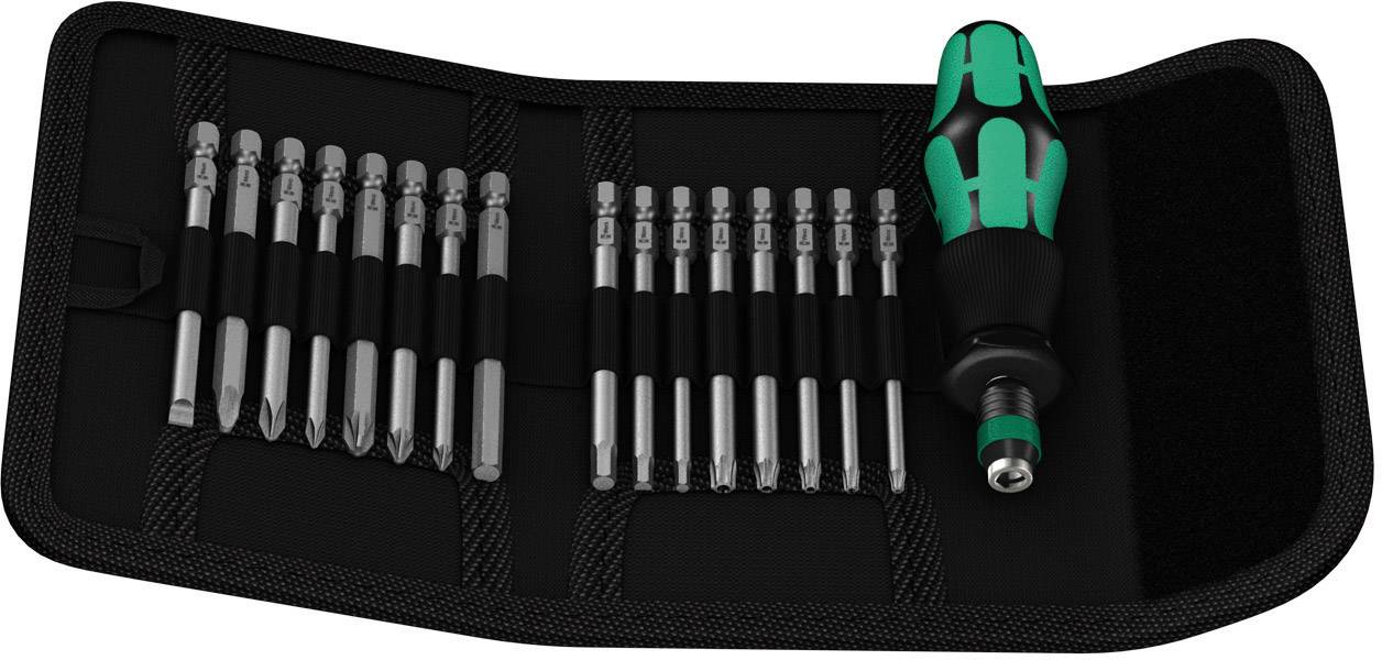Ensemble de bits et tournevis dans un sac en tissu noir. Comprend différents types de bits et une poignée ergonomique.
