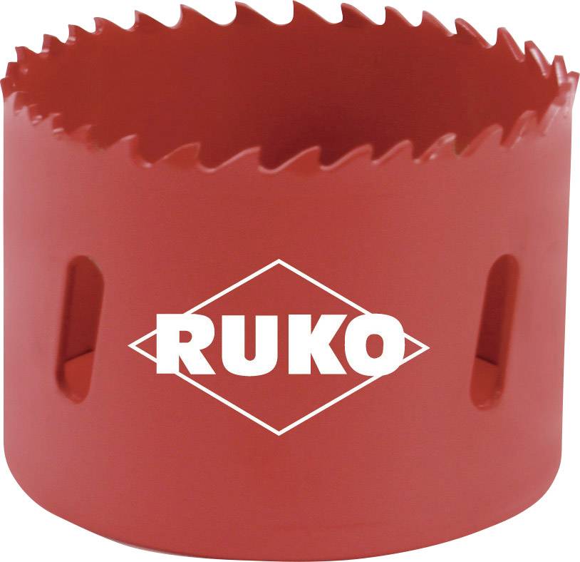 Scie cloche rouge portant l'inscription 'RUKO', dentelée sur le bord de coupe, de forme cylindrique, adaptée aux travaux de perçage précis dans divers matériaux.