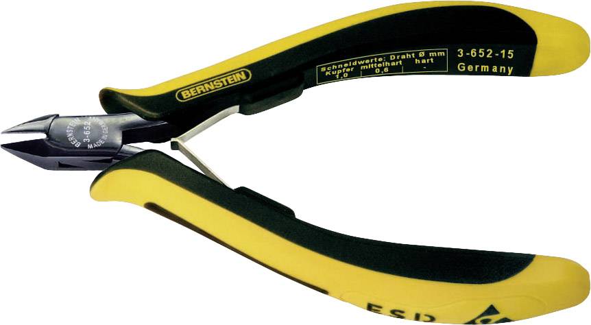 Une pince de précision jaune et noire de la marque 'Bernstein', fabriquée en Allemagne, adaptée pour couper des fils de 0,8 mm de diamètre.