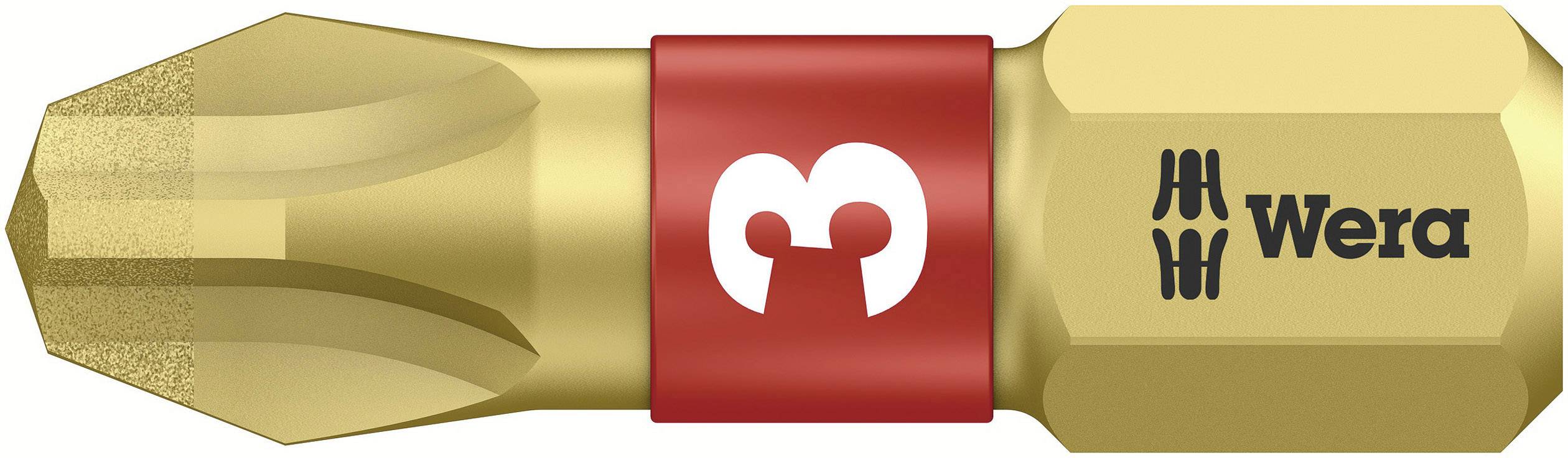 Un embout de tournevis couleur or avec un anneau rouge, de la marque 'Wera'. L'embout a une forme hexagonale distinctive et une pointe spéciale.