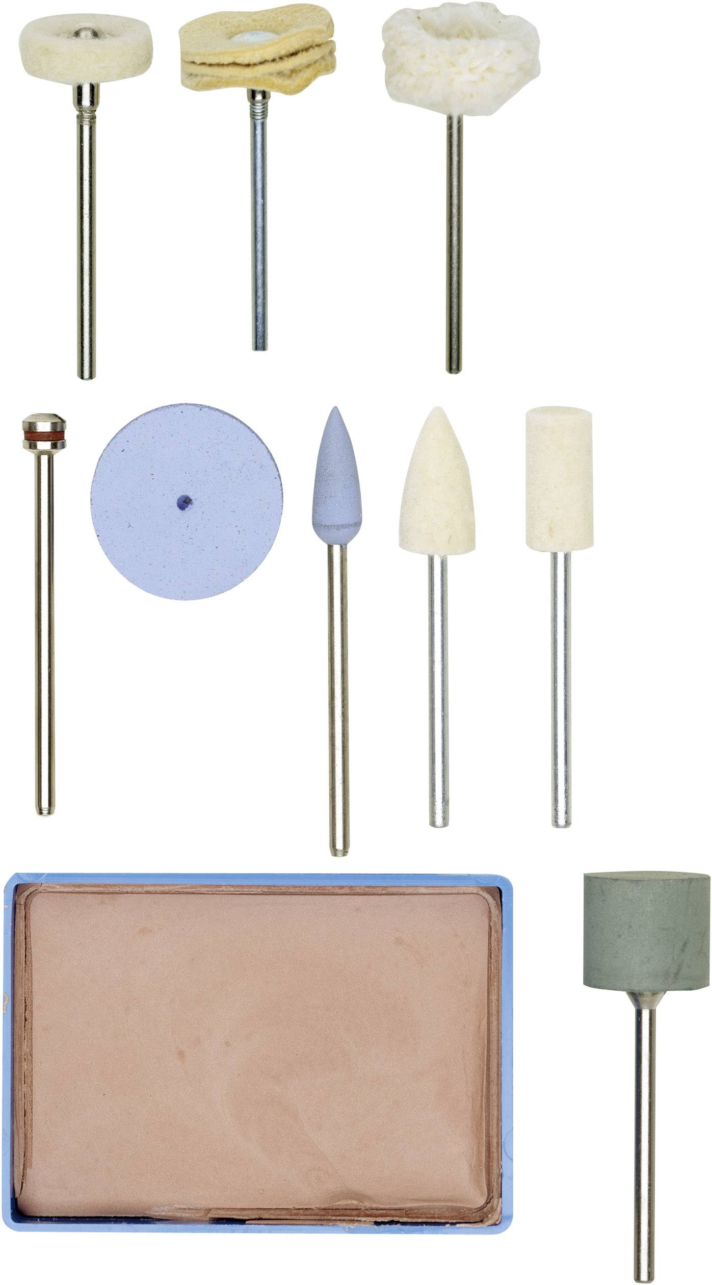 Un ensemble de huit outils de meulage et de polissage différents avec des tiges métalliques, comprenant des éponges et des pierres à meuler, ainsi qu'une pâte à polir rectangulaire dans un boîtier bleu.