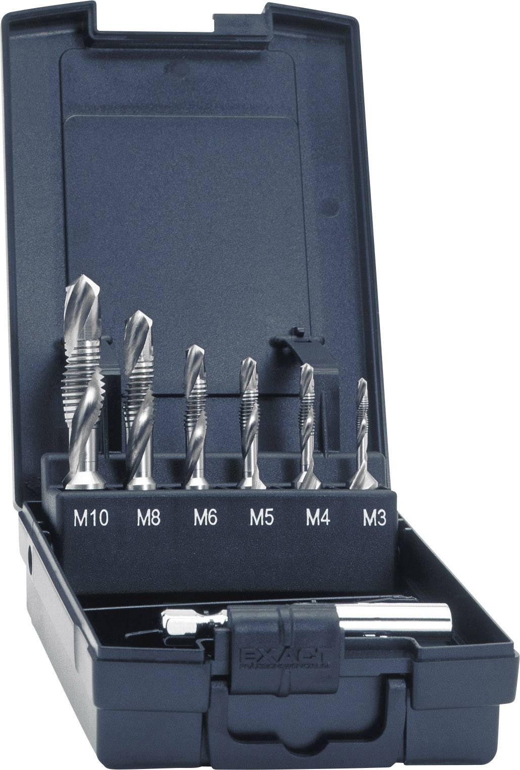 Un jeu de forets en métal dans un coffret noir, triés par taille de M3 à M10, avec une poignée dans le compartiment inférieur.
