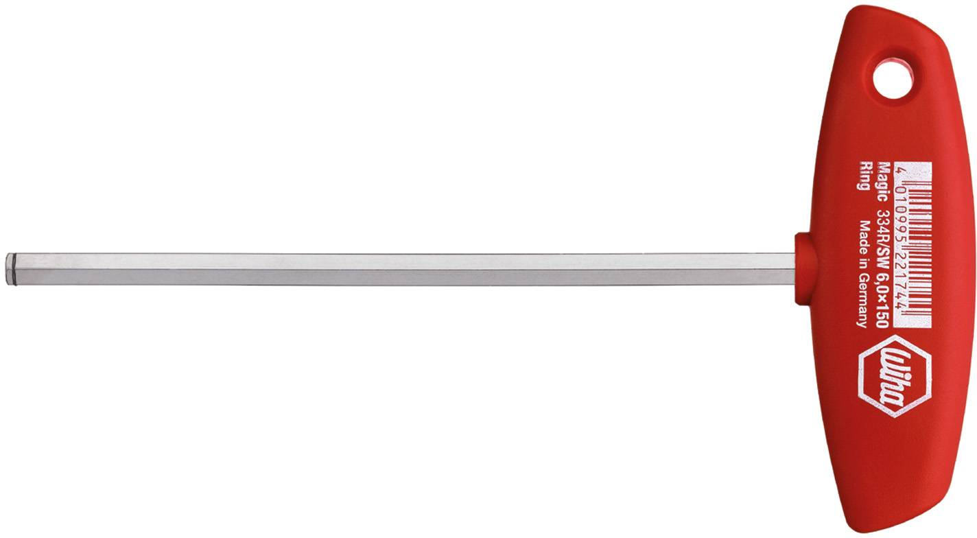 Une clé Allen à poignée en T rouge avec un long manche argenté, sur la poignée est inscrit '54571 T-Handle, Red, 5mm'.