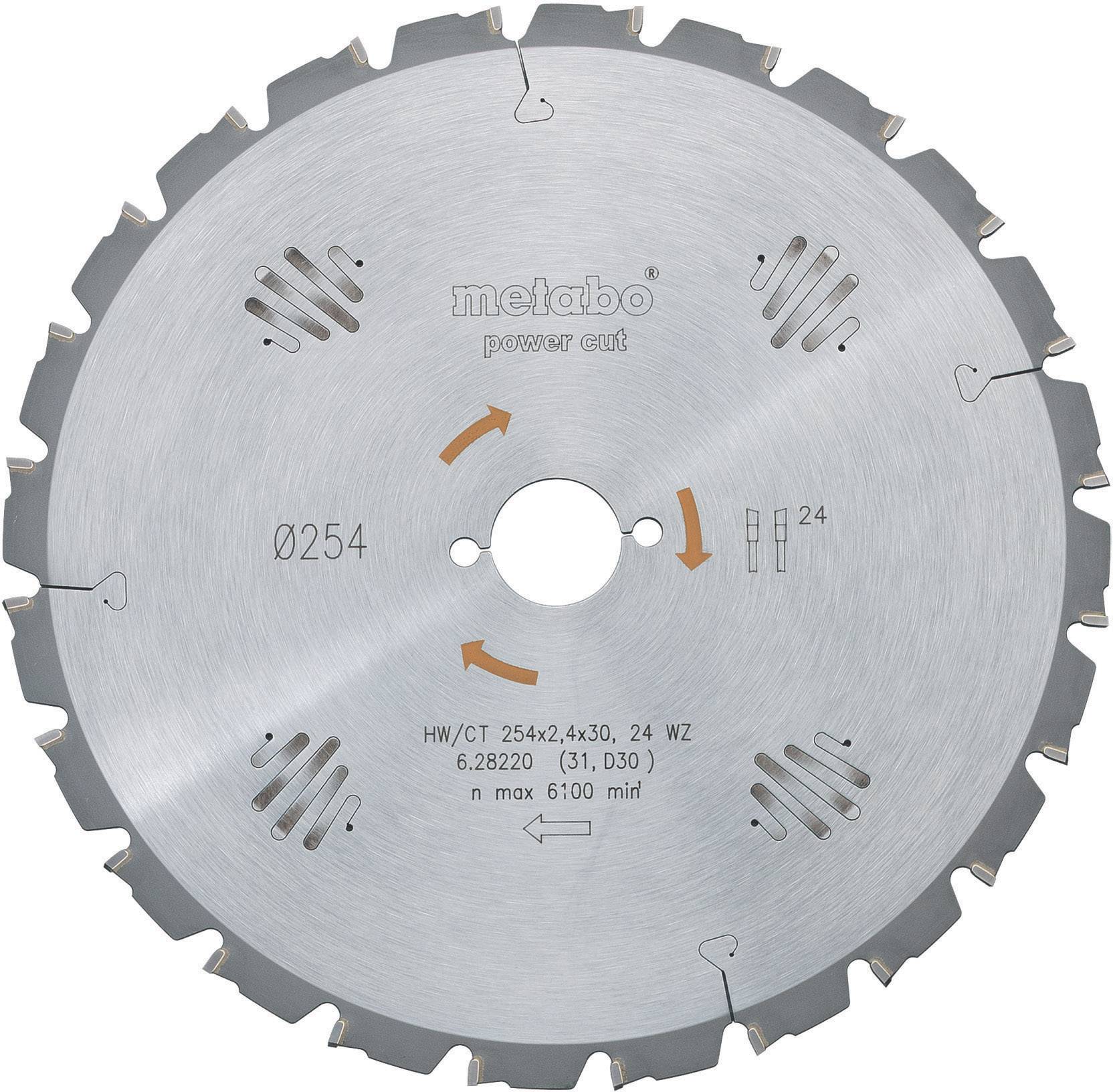Lame de scie de 254 mm avec 24 dents. Marquage 'metabo', 'power cut' et spécifications techniques. Vitesse maximale de 6100 tr/min.