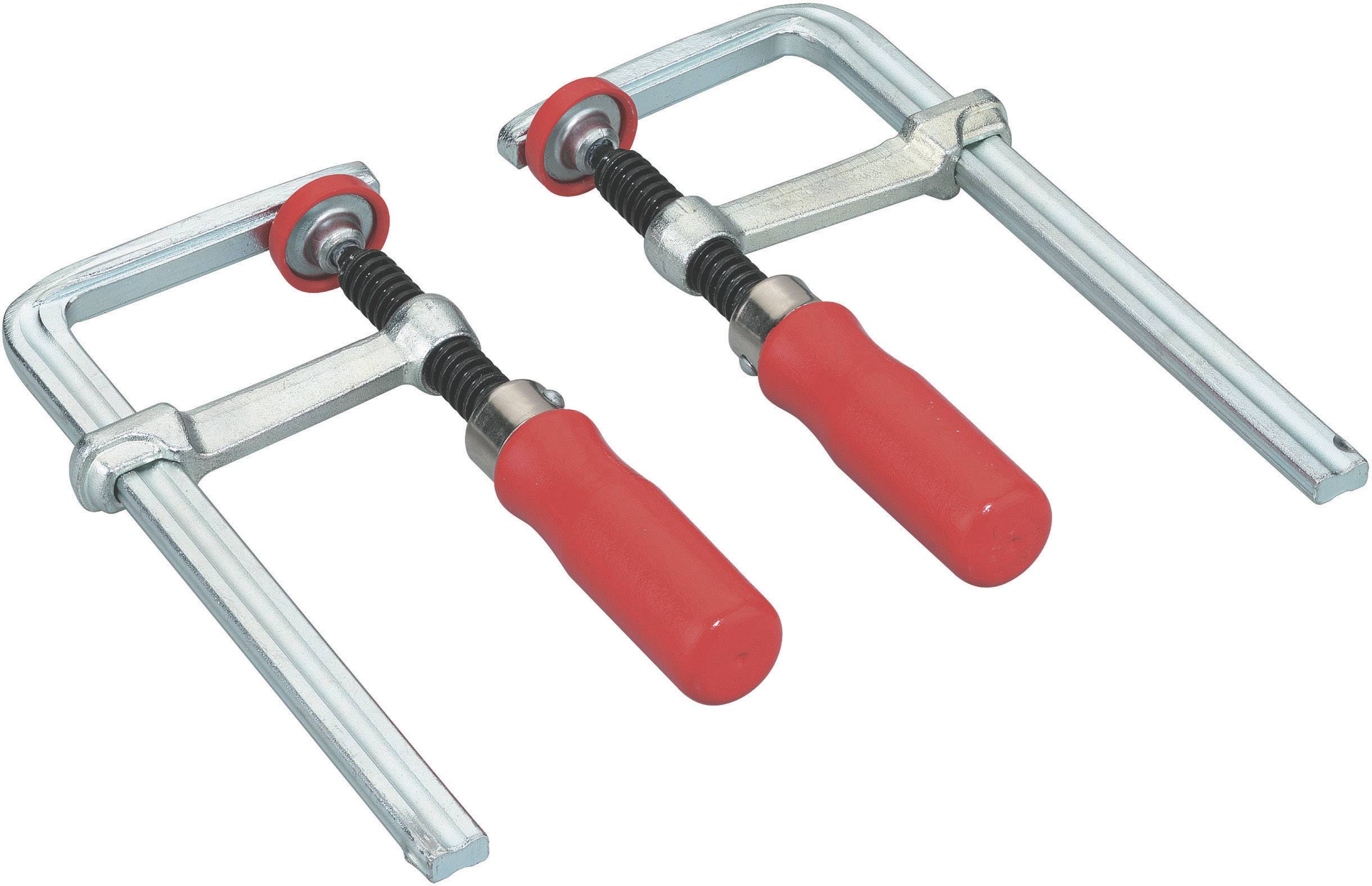 Deux serre-joints avec des poignées rouges et des cadres métalliques, posés côte à côte sur un fond blanc.