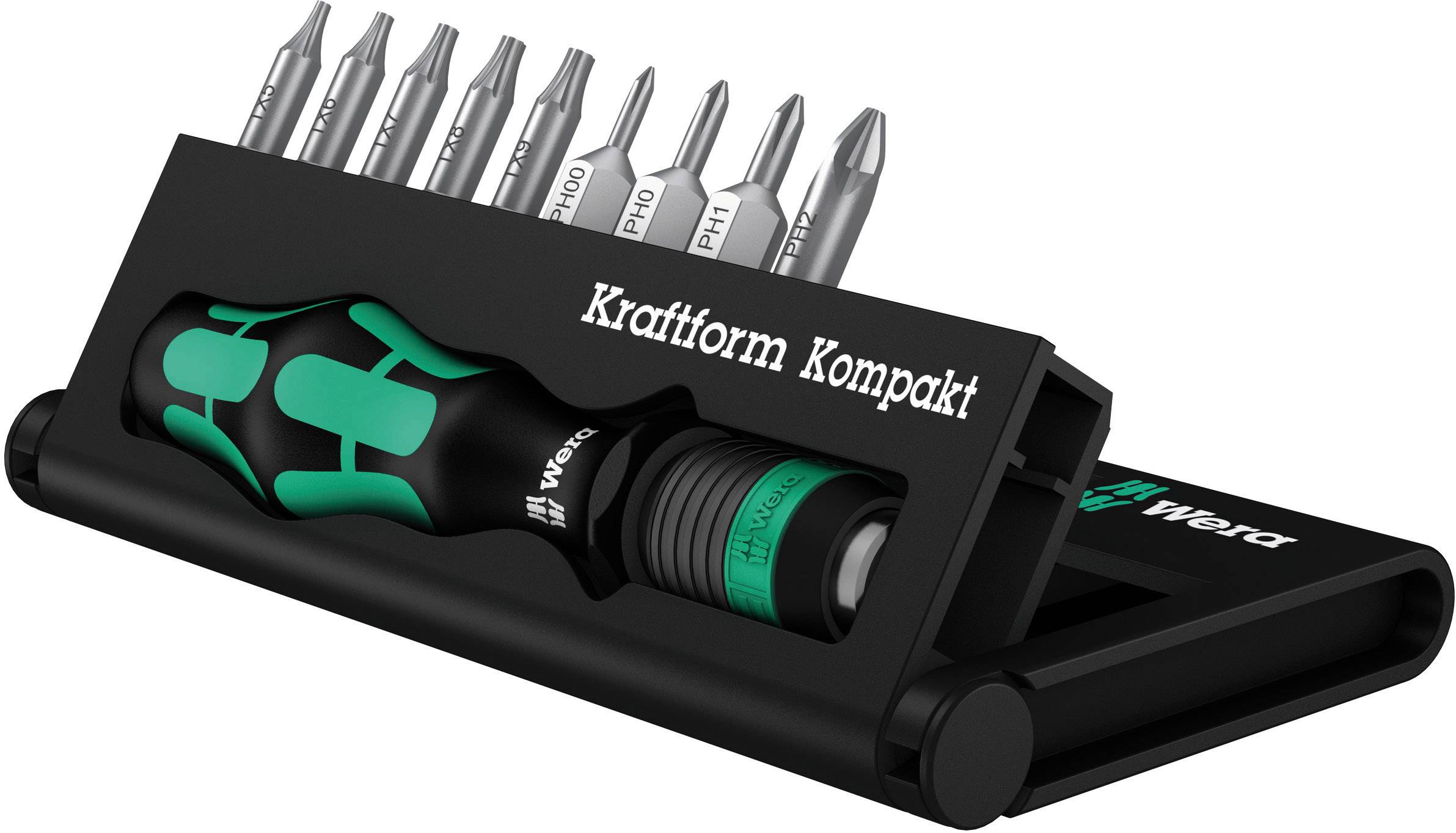Un ensemble d'embouts de tournevis dans un étui portable, avec une poignée ergonomique et l'inscription 'Kraftform Kompakt'.