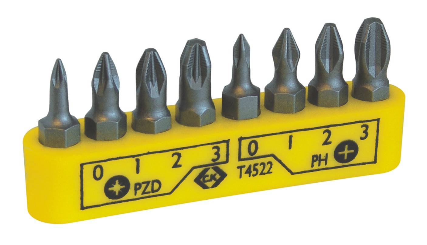 Support jaune avec huit embouts de tournevis de différentes formes et tailles, identifiés par les types 'PZD' et 'PH'.