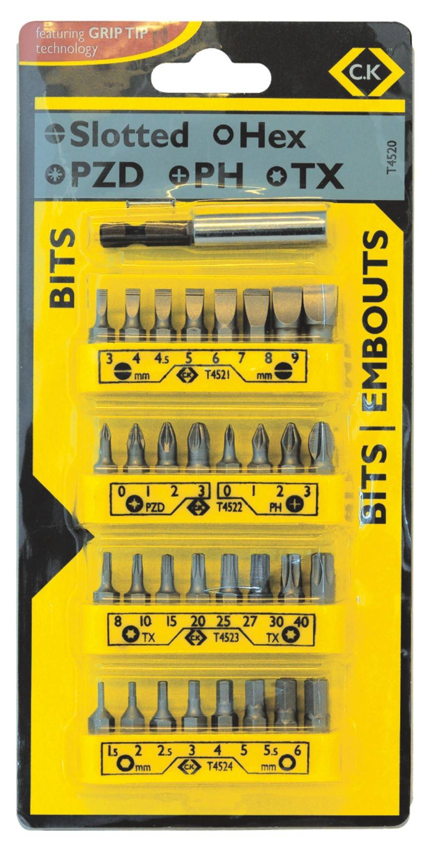 Coffret d'embouts de tournevis de C.K., contenant 26 embouts de différents types : à fente, Phillips, Pozidriv, Torx, chacun en différentes tailles.