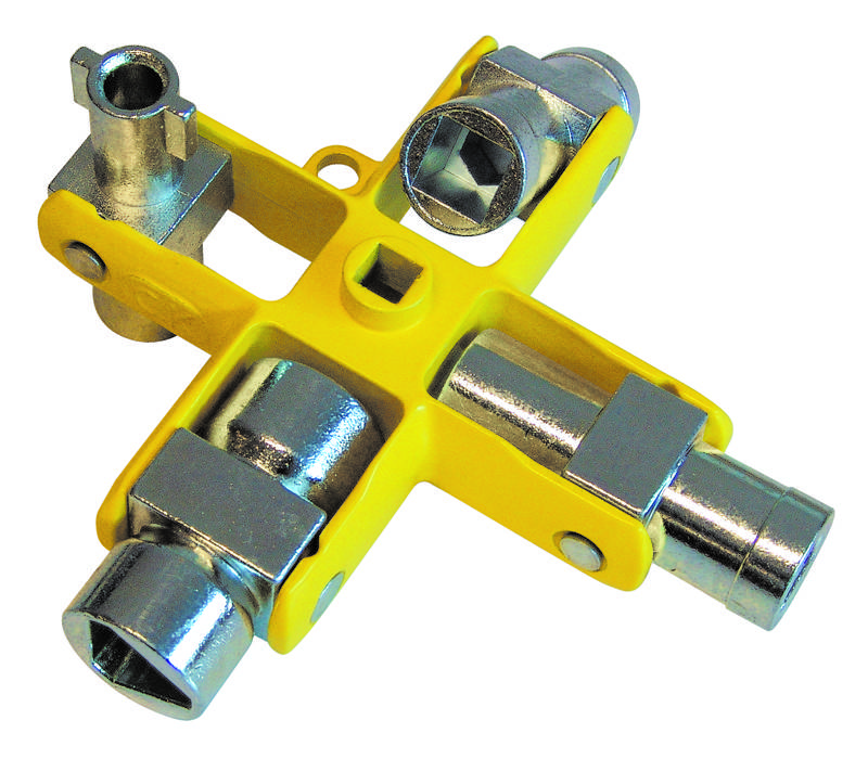 Un outil universel jaune à carré, doté de différentes formes d'ouvertures métalliques permettant d'ouvrir des serrures triangulaires.