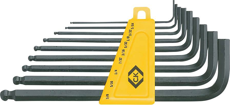 Jeu de dix clés Allen de différentes tailles, rangées du plus petit au plus grand, dans un support jaune avec indication des dimensions.