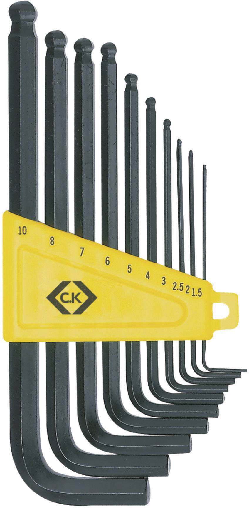 Un jeu de clés Allen, numérotées de 1,5 à 10, dans un support jaune avec logo, rangées par ordre de taille.