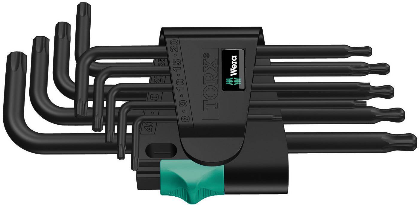 Ensemble de sept clés hexagonales noires avec support et fermeture verte, numérotées de 8 à 40, pour travaux manuels.